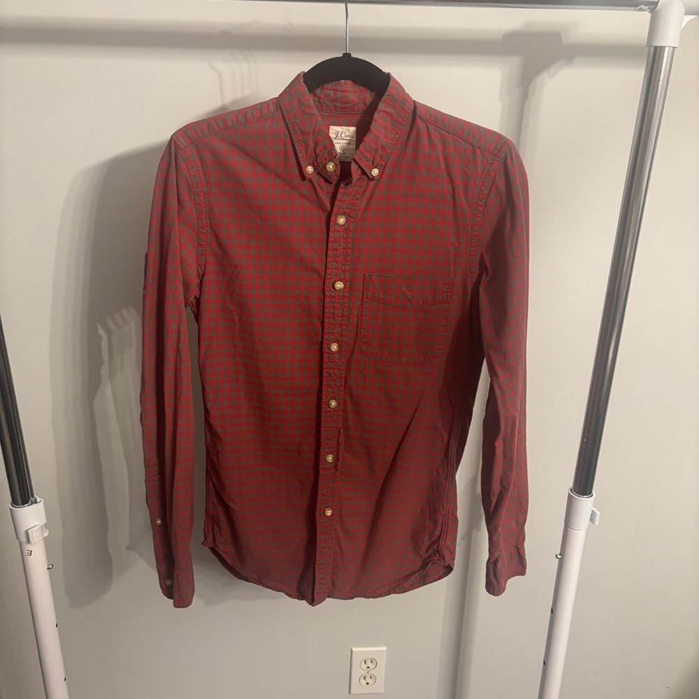 J. Crew Women's Red and Gray Checkered Casual Button-Down Shirt